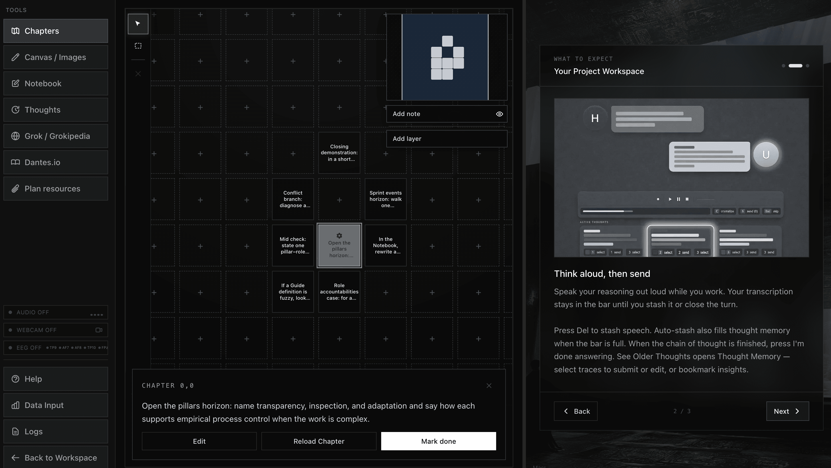 Deep Project verification workspace: chapter grid, project briefing, and think-aloud tools