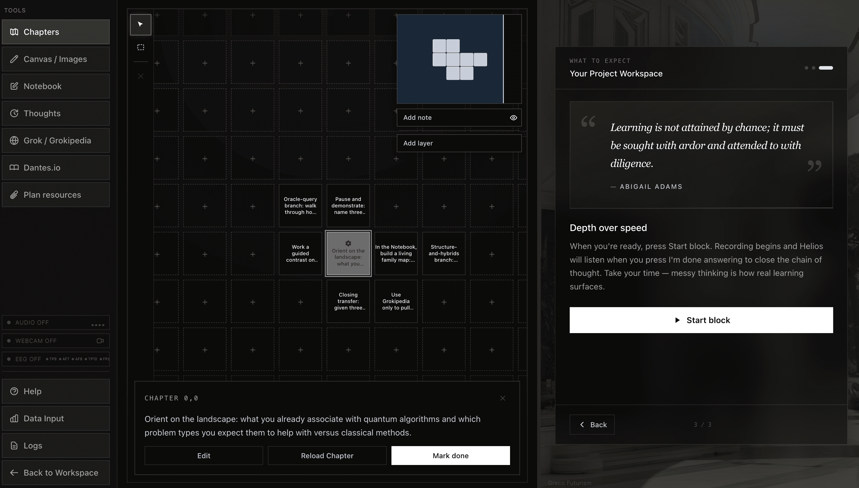 Learning Harness practice session with chapter map, tools, and a guided project workspace