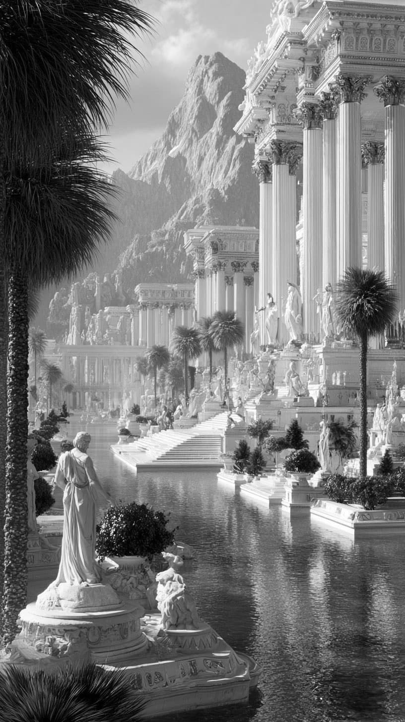 Greco-futurist palace terraces on water with statues and palms