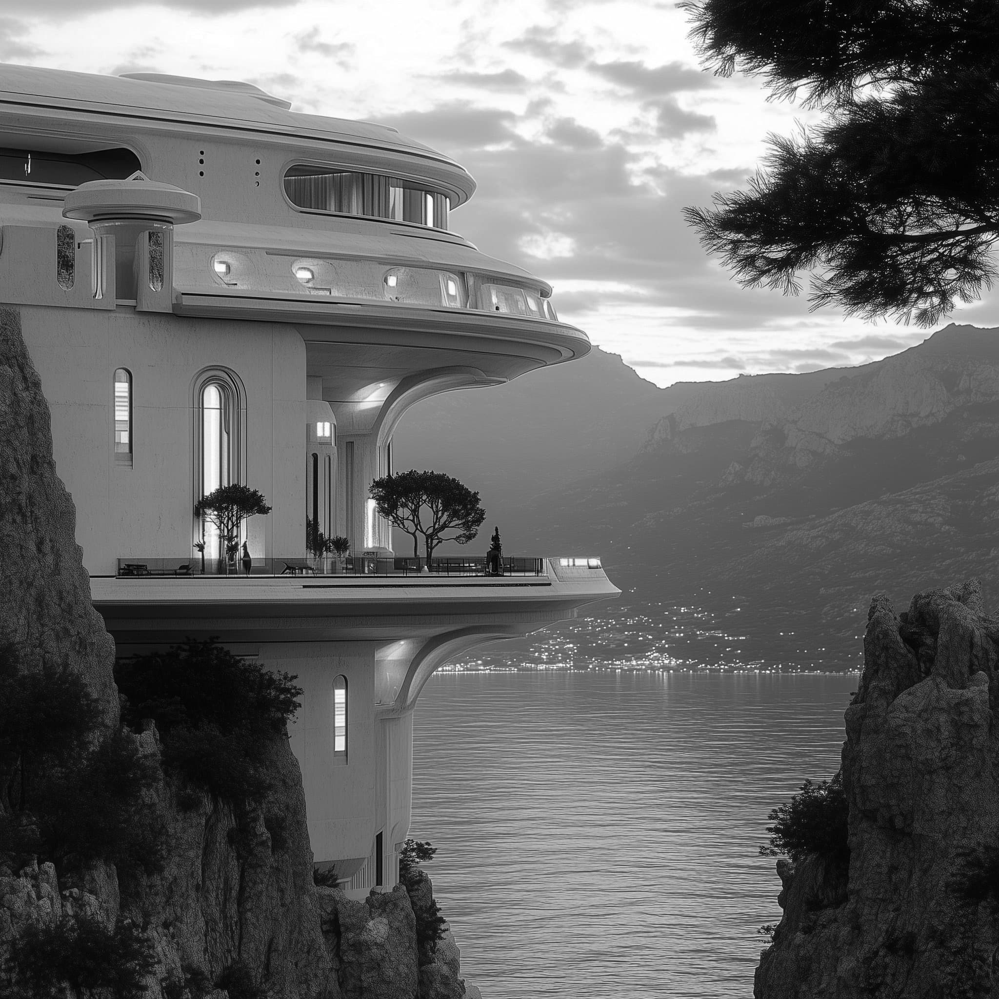 Greco-futurist cliffside villa over water at dusk