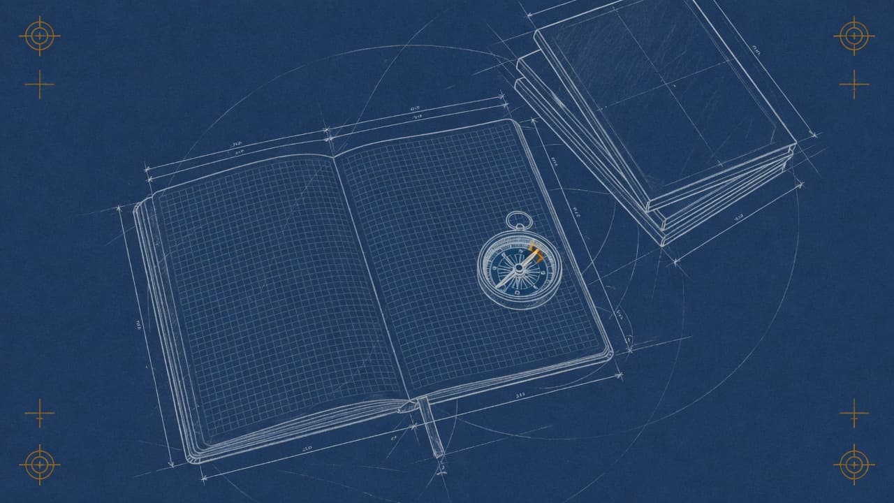 Blueprint sketch of an open gridded notebook, a compass, and a stack of volumes