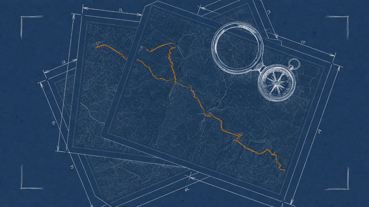 Blueprint sketch of topographic sheets, an amber route, a magnifier, and a compass