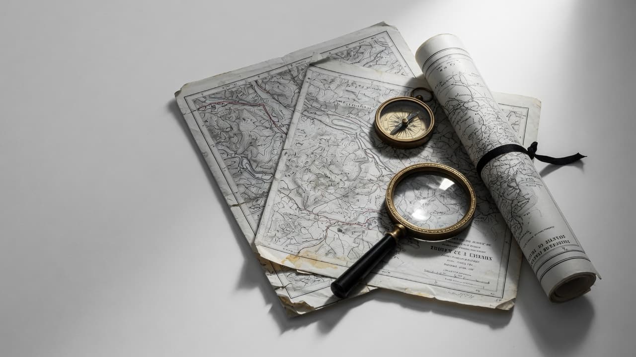 A small cluster of maps, a compass, and a magnifying glass on an empty abstract background