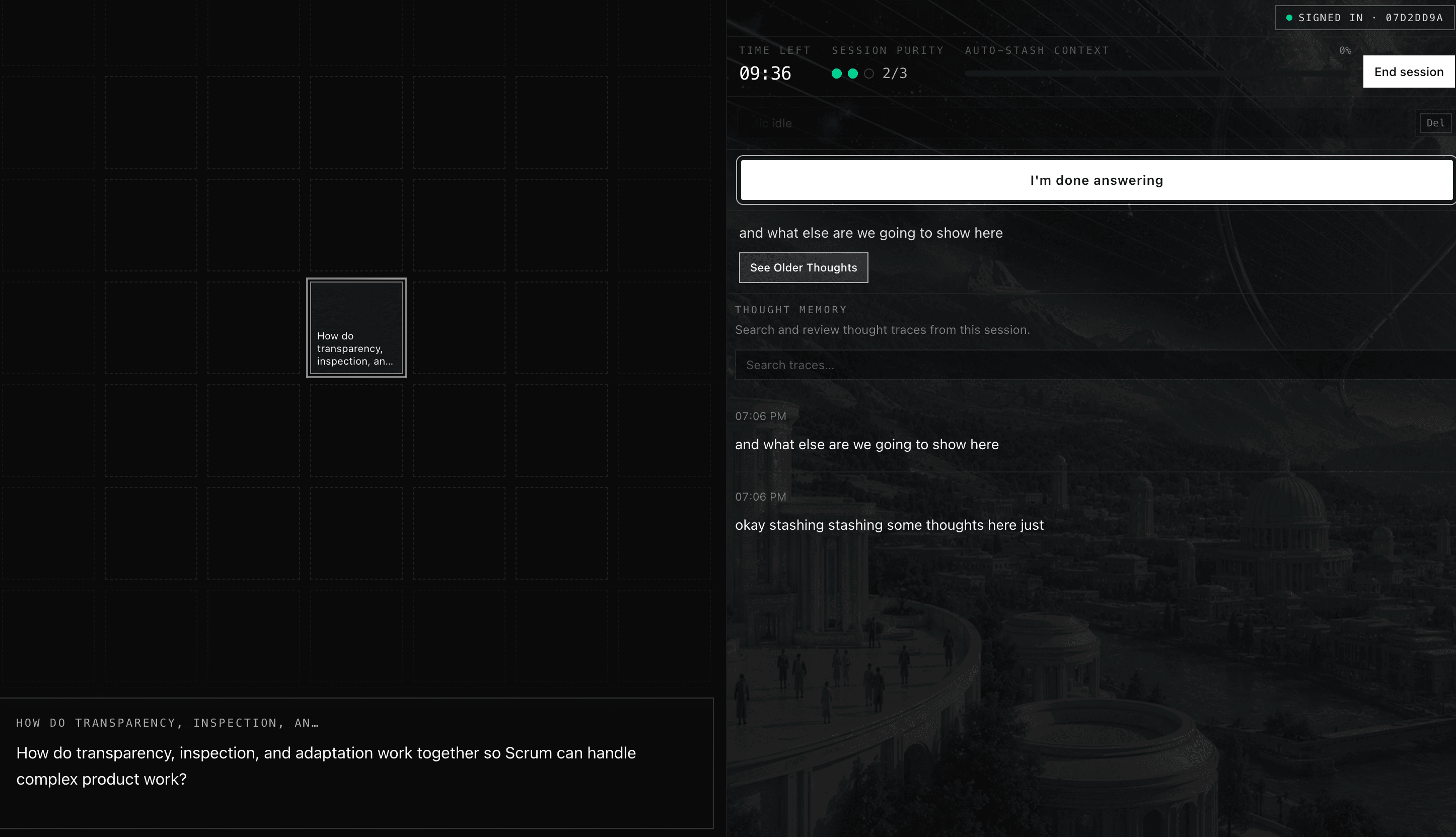 Light-weight verification TAP session: live thought bar, timer, and a single chapter on the map